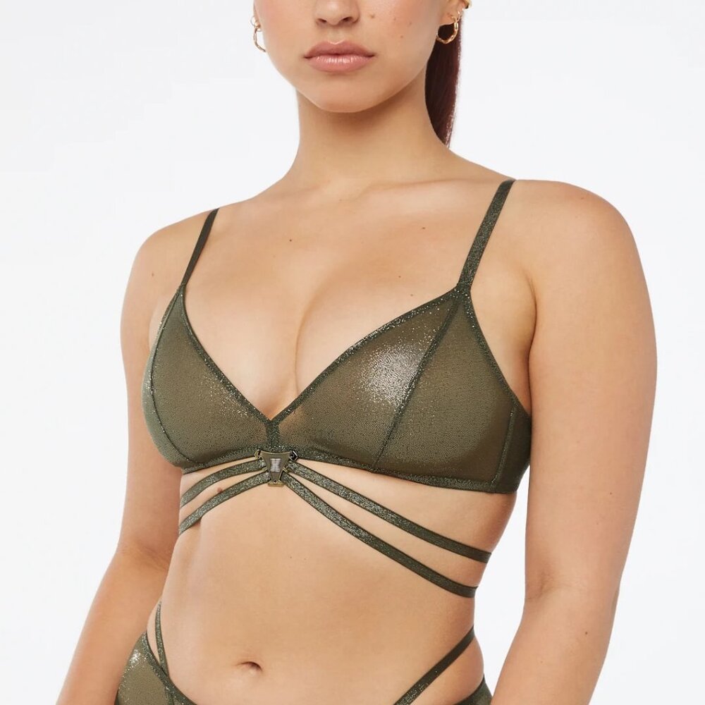 NWT Savage X Fenty Going Platinum Strappy Mesh Deep Forest Green Bralette SizeXL